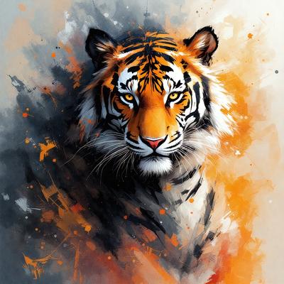 The primary subject of the image is a close-up of a tiger's face. The tiger's eyes are open, and it appears to be staring directly at the viewer. The setting is a painting, which showcases the tiger's features in a detailed and artistic manner. The visual style is a combination of realism and artistic expression, creating a captivating and powerful image. The colors and mood of the painting are predominantly orange and yellow, which are associated with the tiger